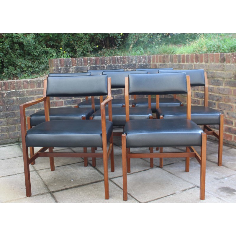 Set of 6 British vintage teak and leather dining chairs by Alfred Cox