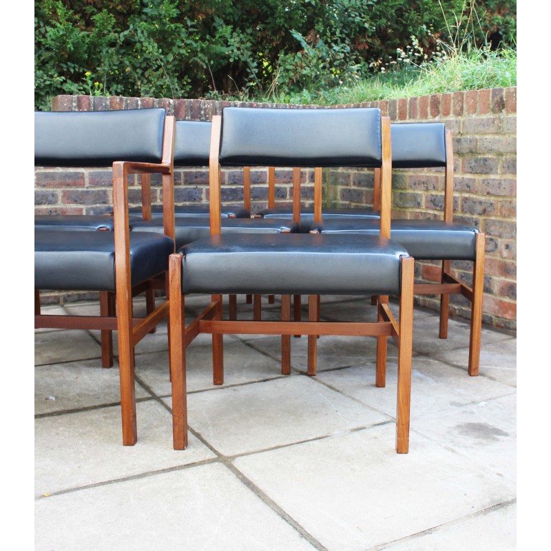 Set of 6 British vintage teak and leather dining chairs by Alfred Cox