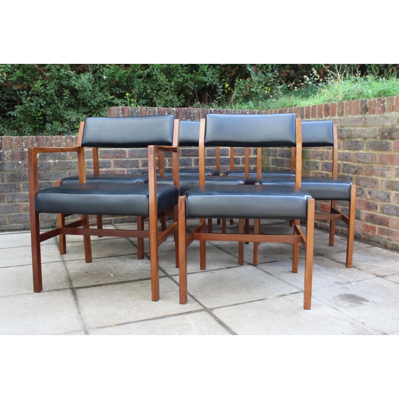 Set of 6 British vintage teak and leather dining chairs by Alfred Cox