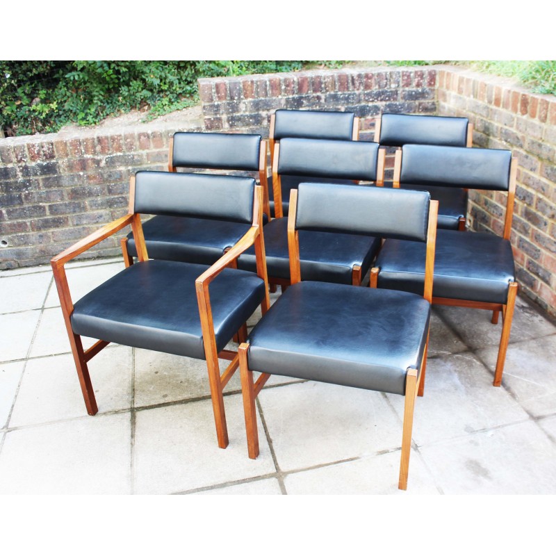 Ensemble de 6 chaises britanniques vintage en teck et cuir par Alfred Cox