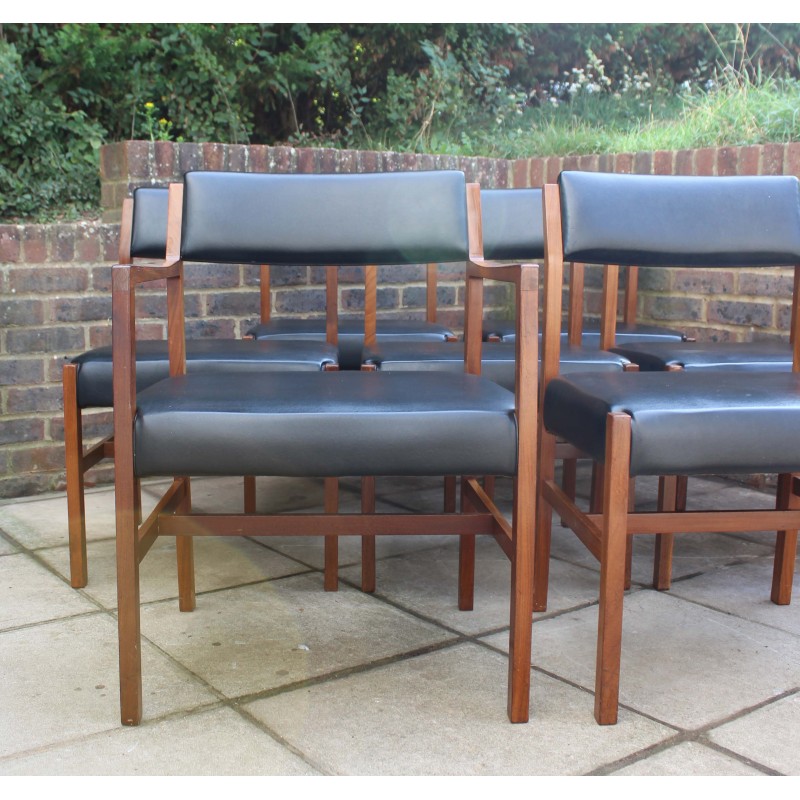 Set of 6 British vintage teak and leather dining chairs by Alfred Cox