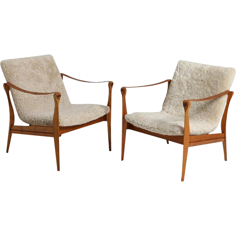 Pair of vintage ashwood, leather and lambswool armchairs by Karen and Ebbe Clemmensen for Fritz Hansen, 1960s