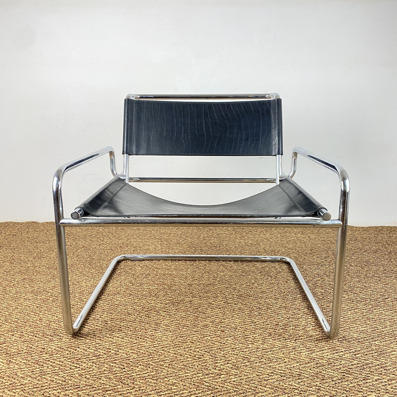 Fauteuil cantilever vintage en cuir noir et acier tubulaire par Luigi Saccardo pour Arrmet