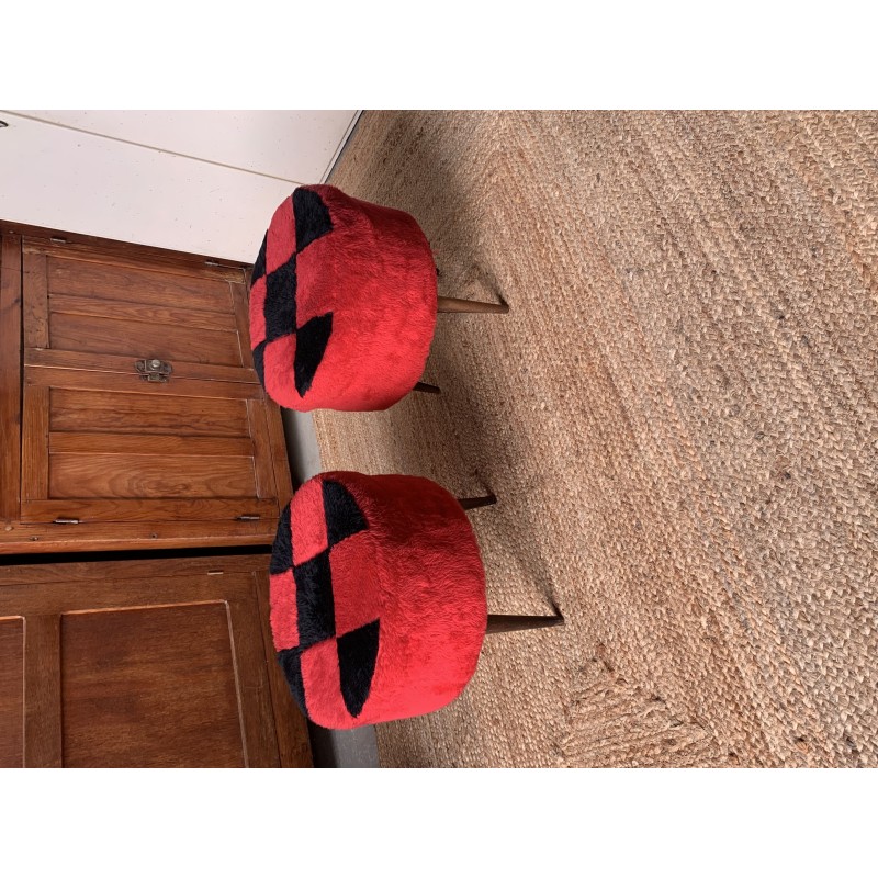 Pair of vintage wood and fabric poufs with red and black checkerboard pattern