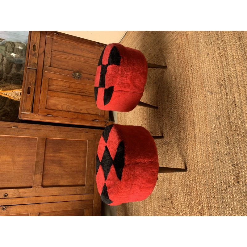 Pair of vintage wood and fabric poufs with red and black checkerboard pattern