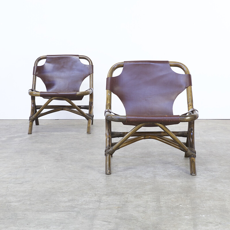 Pair of brown low chairs in leather and bamboo - 1980s