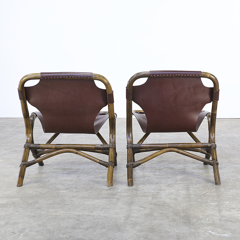 Pair of brown low chairs in leather and bamboo - 1980s