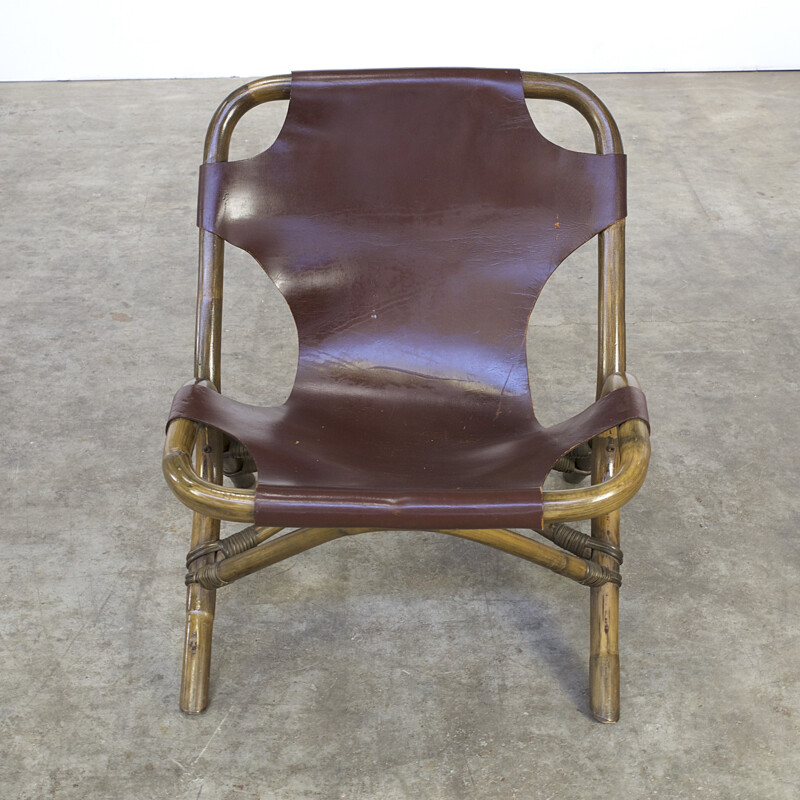 Pair of brown low chairs in leather and bamboo - 1980s