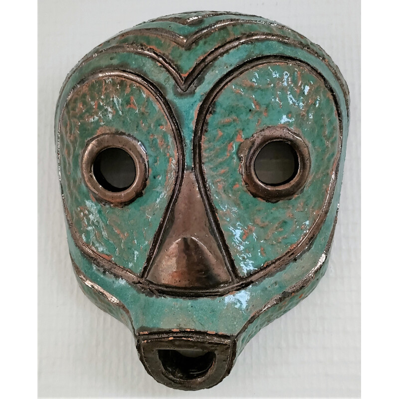 Vintage African tribal glazed terracotta mask, 1980