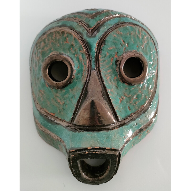 Masque décoratif vintage tribal africain en terre cuite émaillée, 1980
