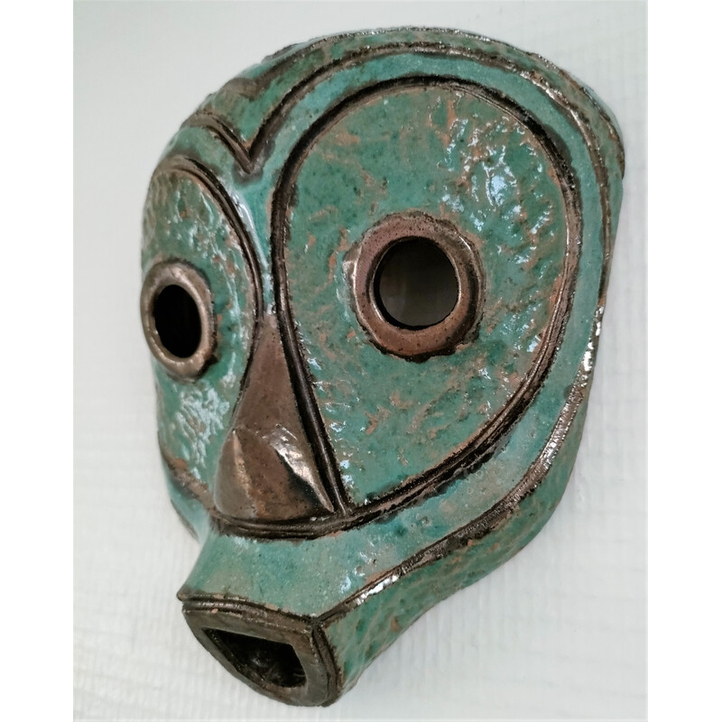Vintage African tribal glazed terracotta mask, 1980