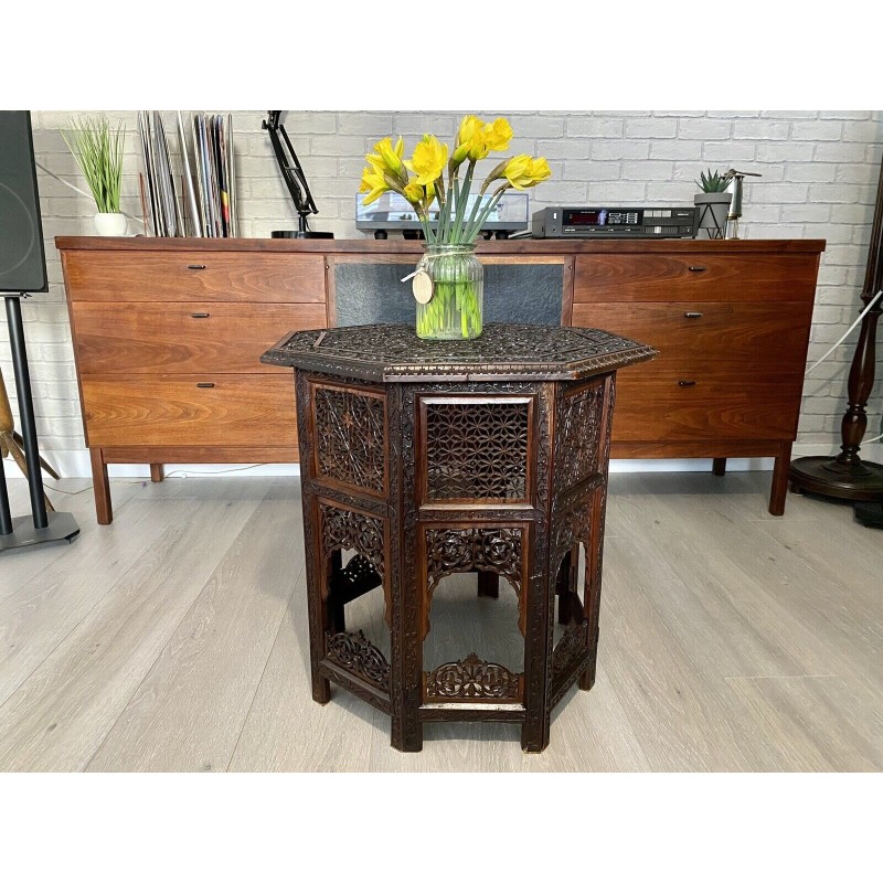 Vintage Anglo Indian hand carved octagonal side table