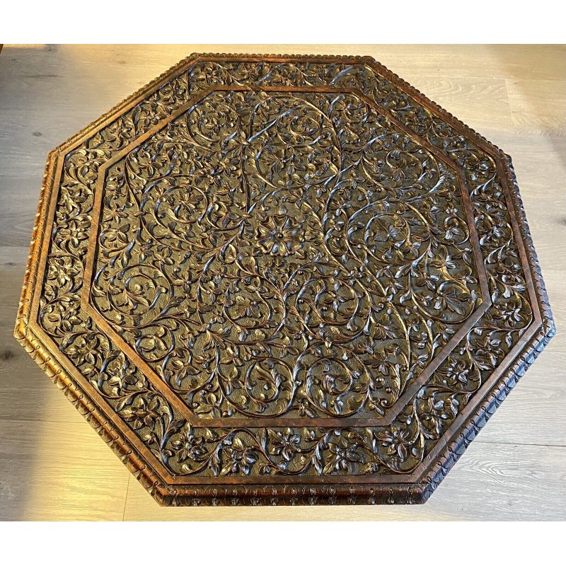 Vintage Anglo Indian hand carved octagonal side table