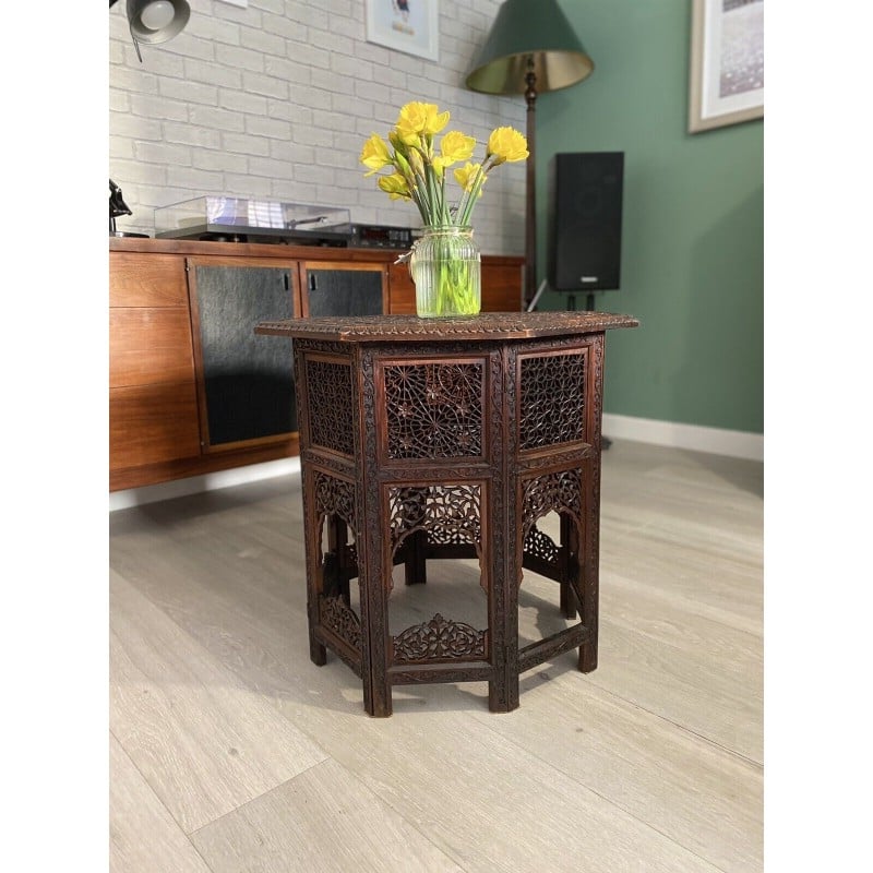 Vintage Anglo Indian hand carved octagonal side table
