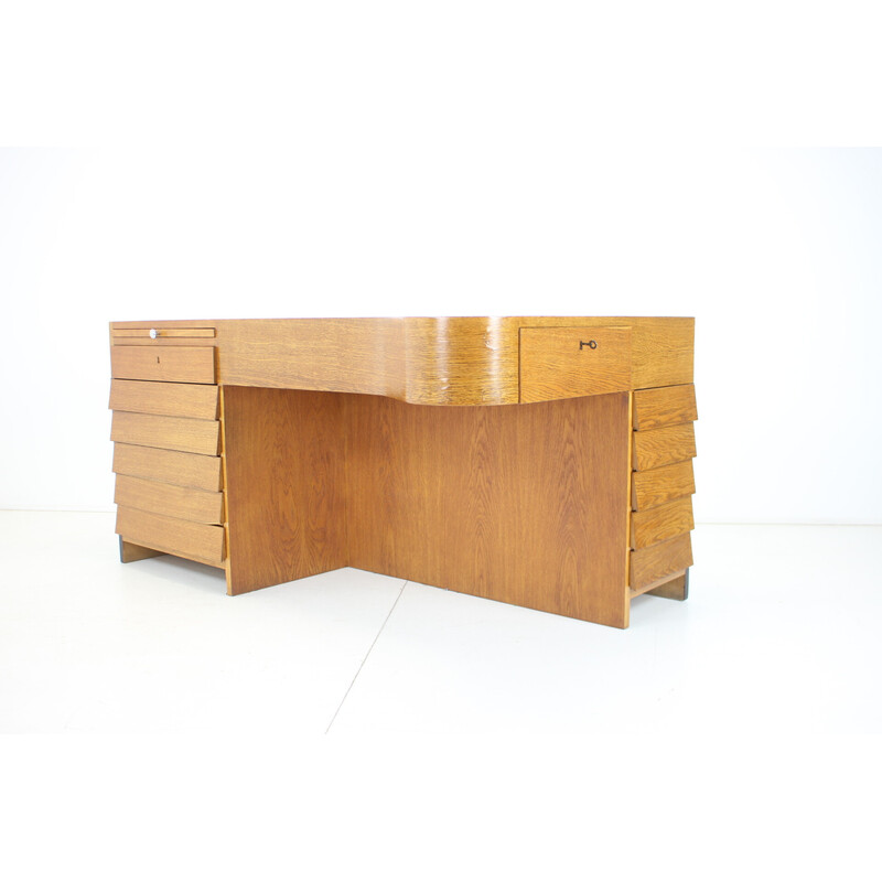 Vintage eikenhouten bureau, Tsjecho-Slowakije 1930