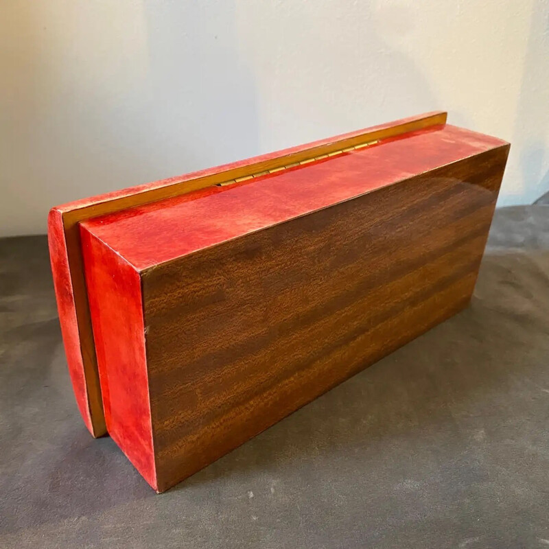 Mid-century red goatskin and brass jewelry box by Aldo Tura, 1950s