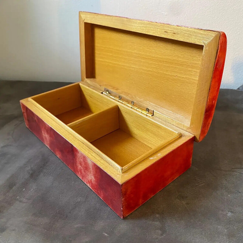 Mid-century red goatskin and brass jewelry box by Aldo Tura, 1950s