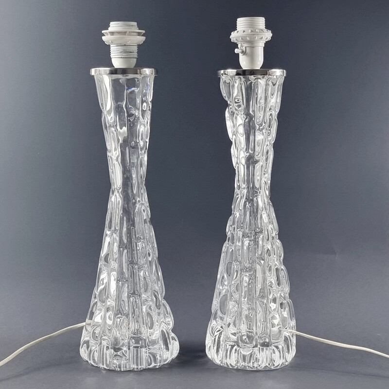 Paire de lampes de table vintage en verre de cristal par Carl Fagerlund pour Orrefors, Suède 1960