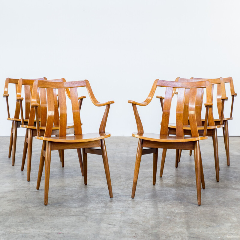Ensemble de six chaises à bras de salle à manger en contreplaqué - 1960