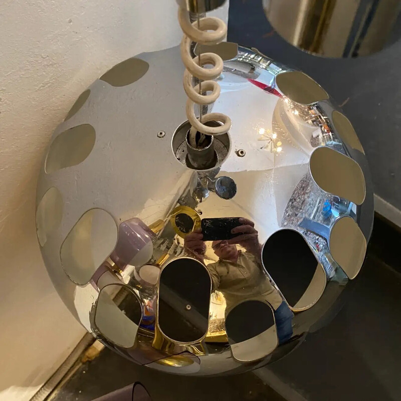 Vintage Space Age stalen ronde Italiaanse hanglamp van Reggiani, 1970