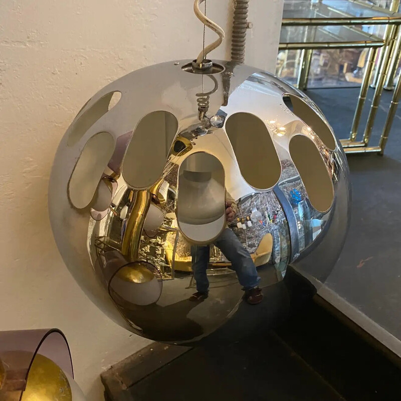 Vintage Space Age stalen ronde Italiaanse hanglamp van Reggiani, 1970