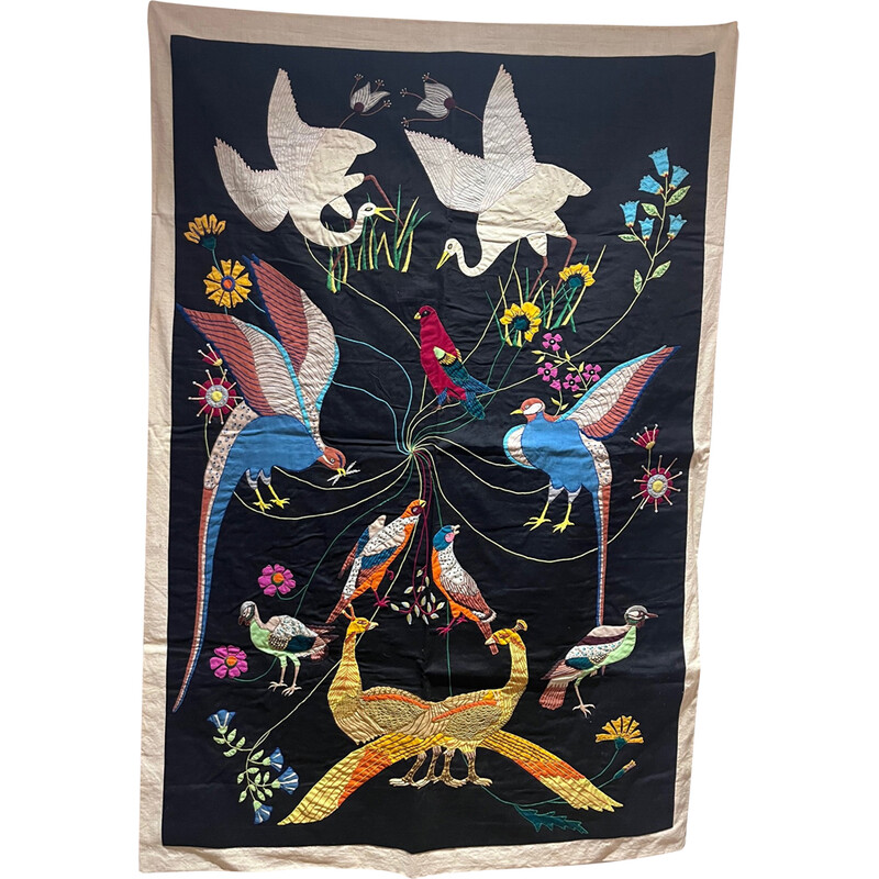 Vintage indra thread wall tapestry with bird decor, 1970s