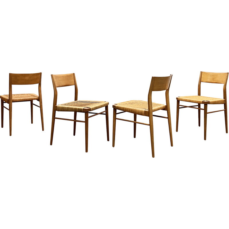 Set van 4 Duitse eetkamerstoelen in teak en rotan van Georg Leowald voor Wilkhahn, 1950.