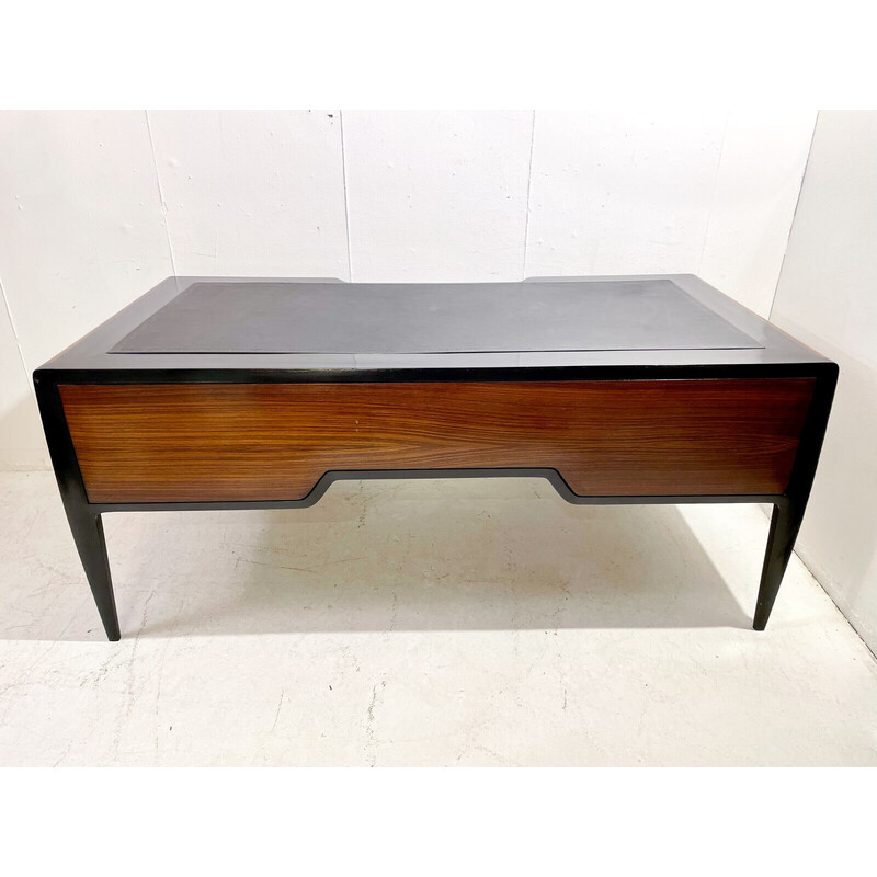 Mid-century desk in wood, leather and brass
