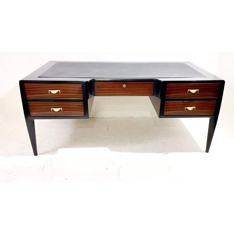 Mid-century desk in wood, leather and brass