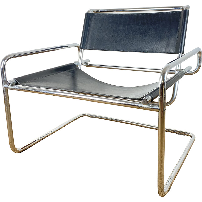 Freischwinger-Sessel aus schwarzem Leder und Stahlrohr von Luigi Saccardo für Arrmet