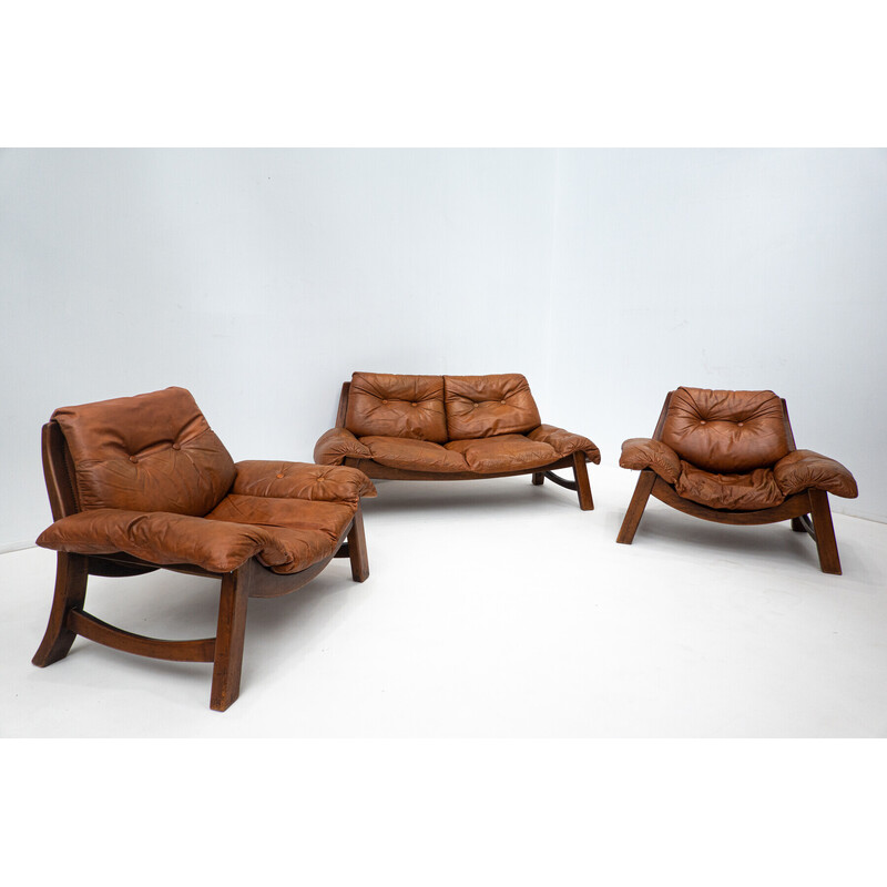 Set da salotto di metà secolo in pelle cognac, anni '60