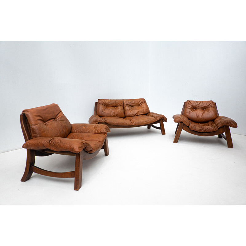 Mid-eeuwse woonkamer set in cognac leer, 1960