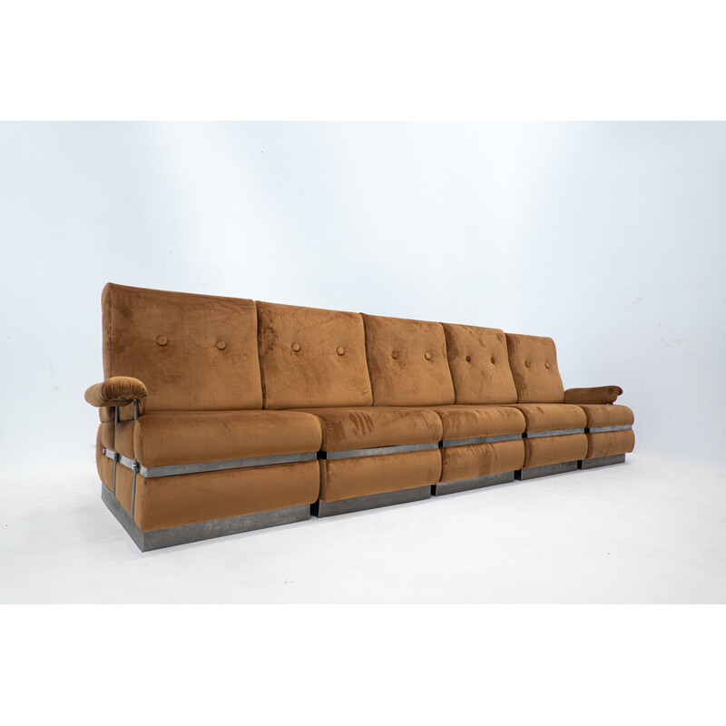 Mid-century cognac velvet and metal structure living room set, Italy 1970s