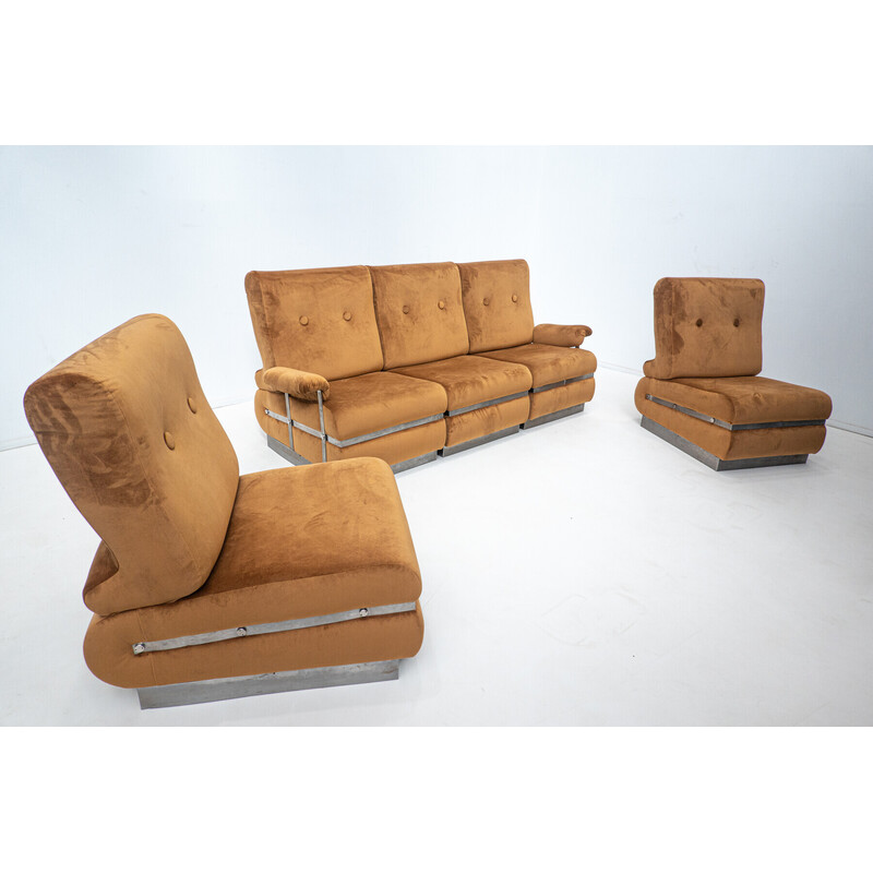 Mid-century cognac velvet and metal structure living room set, Italy 1970s