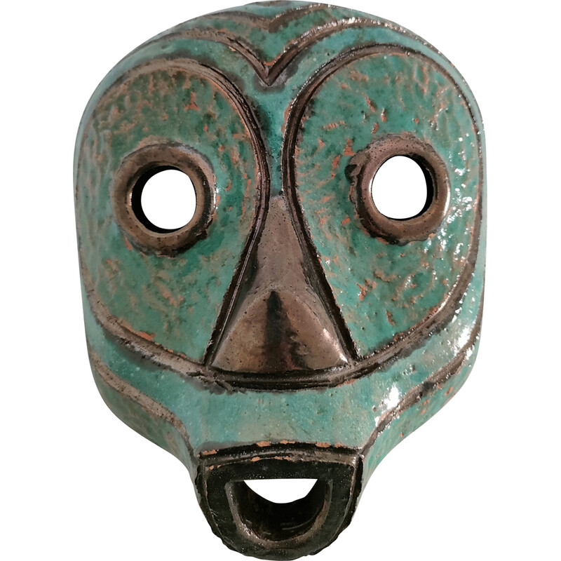 Masque décoratif vintage tribal africain en terre cuite émaillée, 1980