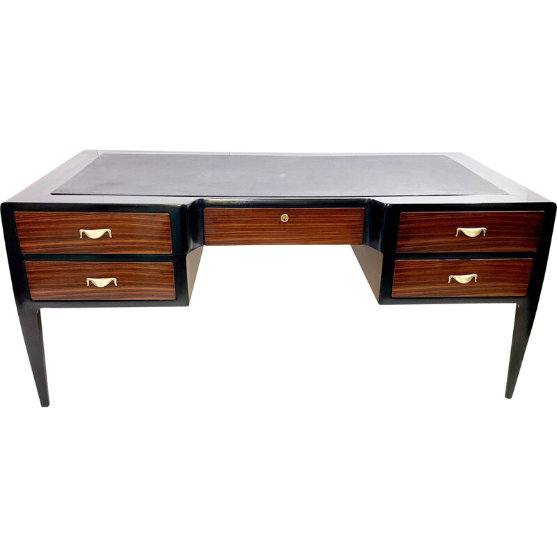 Mid-century desk in wood, leather and brass