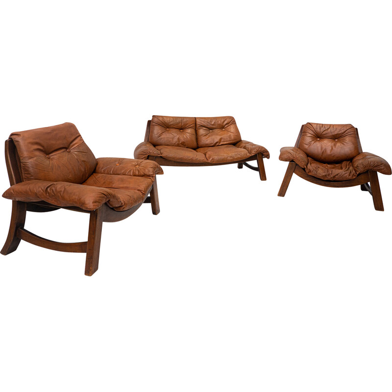 Mid-eeuwse woonkamer set in cognac leer, 1960