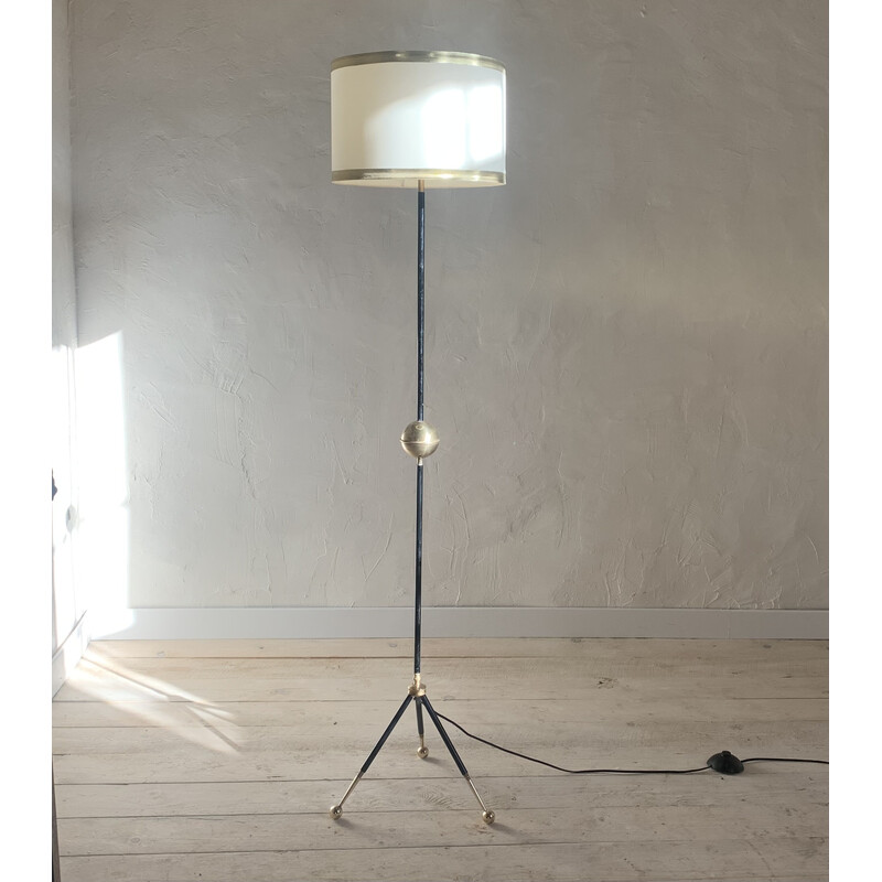 Vintage tripod floor lamp in black metal and brass ball, 1960