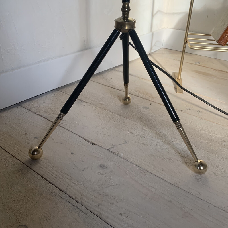 Vintage tripod floor lamp in black metal and brass ball, 1960