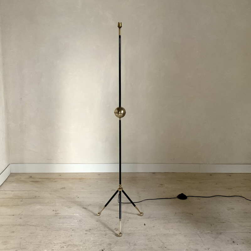 Vintage tripod floor lamp in black metal and brass ball, 1960