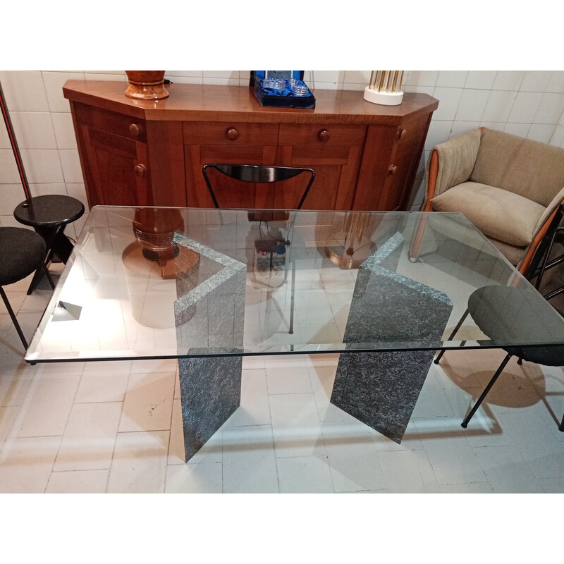 Table vintage en marbre et en verre, 1980