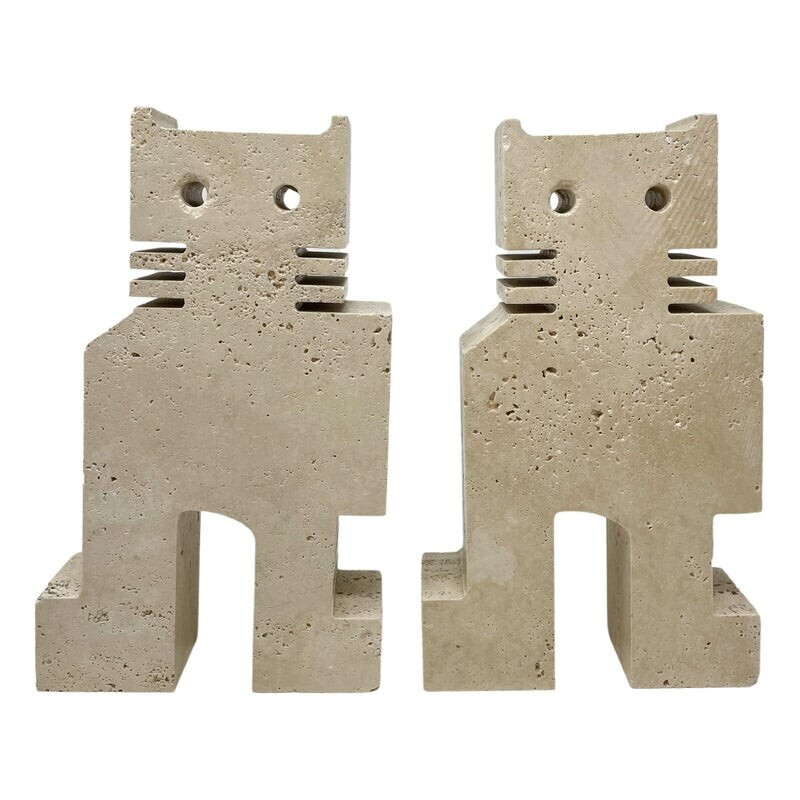 Par de bookends de gatos vintage em travertino de Fratelli Mannelli, 1970s