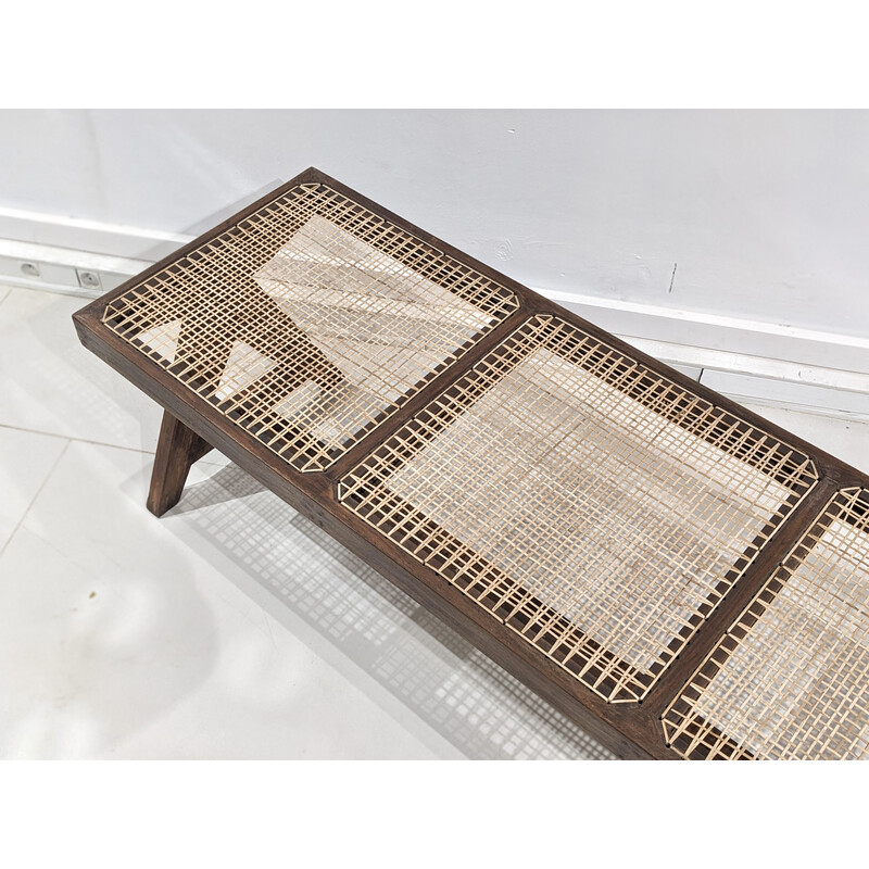 Banc vintage en teck massif et cannage de Pierre Jeanneret, 1956