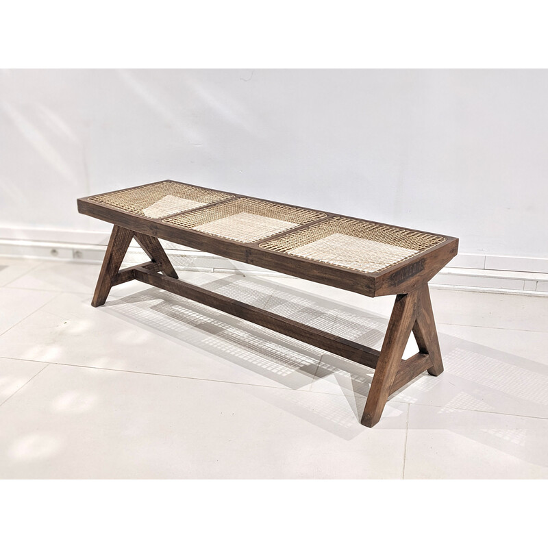 Banco vintage de teca maciza y caña de Pierre Jeanneret, 1956