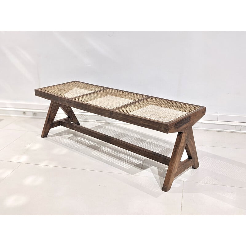 Vintage bench in solid teak and cane by Pierre Jeanneret, 1956
