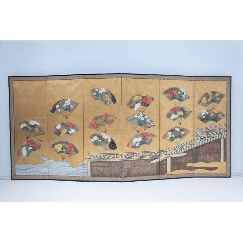 Biombo japonés vintage de madera y papel, 1900