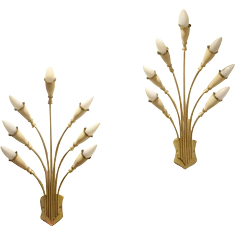 Pair of Italian floral wall lamps in brass and painted metal - 1950s