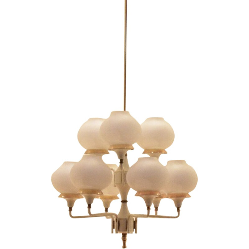 Italian chandelier in metal brass and opaline glass - 1950s