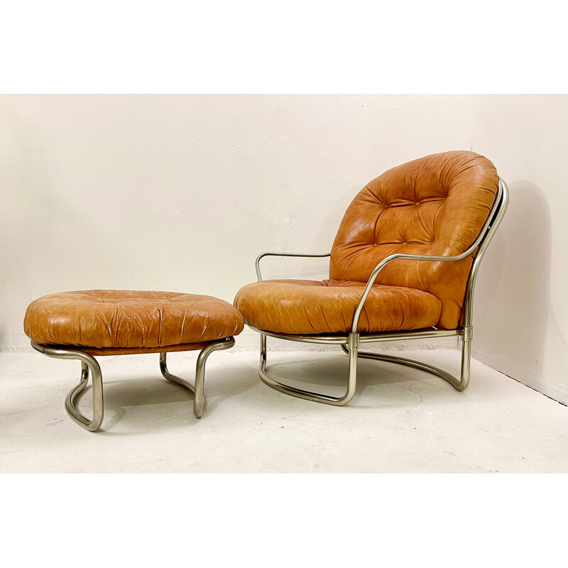 Mid-century cognac leather armchair and ottoman mod 915 by Carlo de Carli, Italy