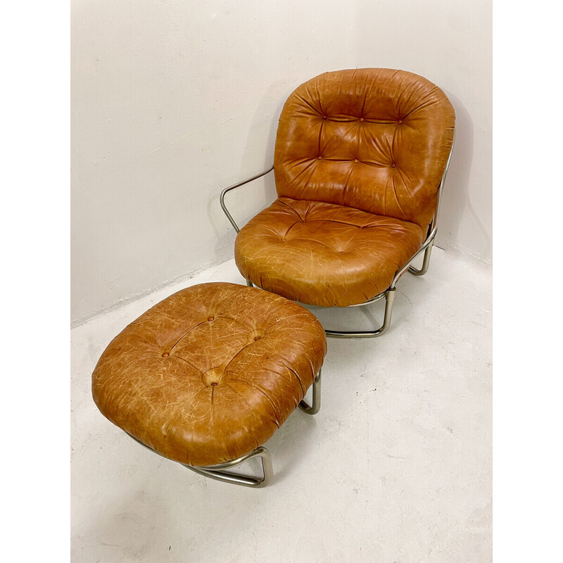 Mid-century cognac leather armchair and ottoman mod 915 by Carlo de Carli, Italy